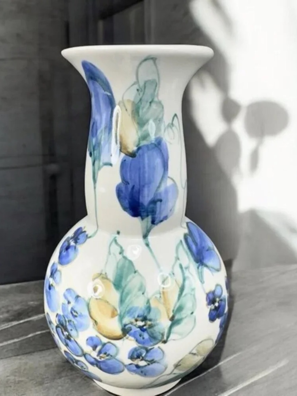 Hand-Painted Floral Ceramic Vase in Blue and Cream - Brand Unspecified